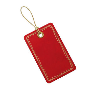 Red gift tag with gold trim hanging on hook isolated on transparent background