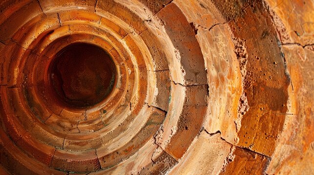 Aged terracotta pipe mineral rings close up