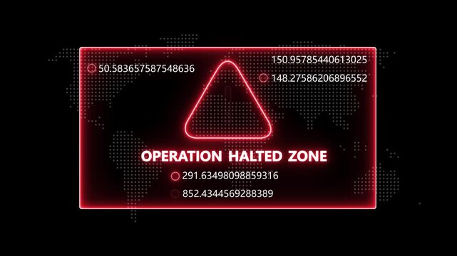Cyber security alert operation halted zone warning sign with glowing red digital data interface and futuristic hud for network protection, system error notification, and global threat monitoring