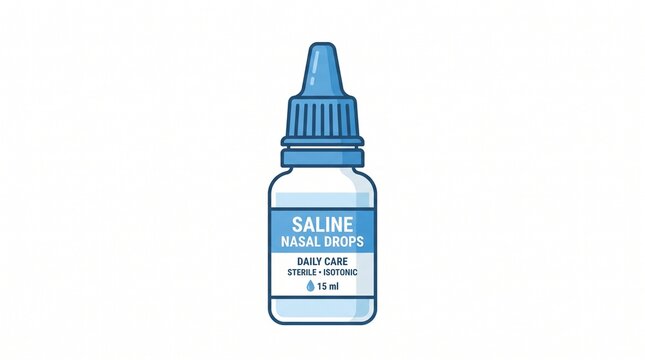 Flat vector design of a compact dropper bottle filled with a saline solution, ideal for daily nasal irrigation, offering hydration and soothing comfort for respiratory passages