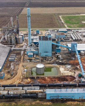 Industrial Ethanol and chemical plant processing facility with train cars