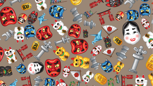 Japanese Cultural Symbols Vector Pattern with Maneki Neko and Daruma