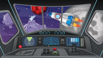 Cartoon Spaceship Cockpit View of Galaxy Planets and Rocket Ship © blueringmedia