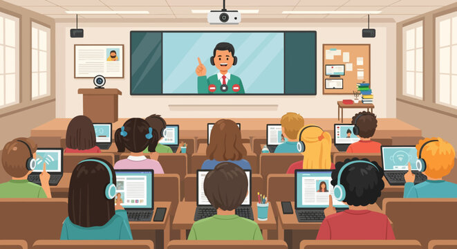 Students learning online in a modern classroom setting.