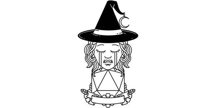 Crying witch girl with a magic hat and a twenty sided dice illustration in a classic black and white tattoo style Vector, illustration