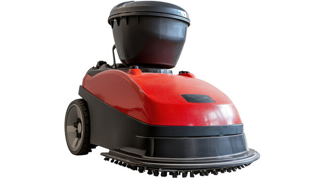 Floor scrubber machine in red and black cleans large commercial surfaces efficiently to maintain professional hygiene standards in busy buildings.
