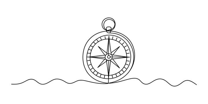 Continuous single line drawing of a navigation compass over a wavy ocean sea water line for travel and adventure concept Vector, illustration