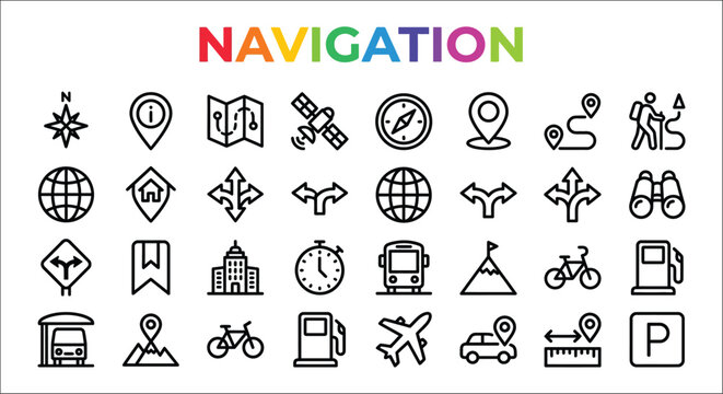 Collection Of Navigation Icons Line Style White Background Featuring Compass Map And Transportation Symbols arrow automobile bicycle bus car direction earth globe