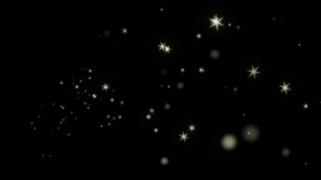 Golden bokeh particles create a magical night sky with glowing yellow circles.