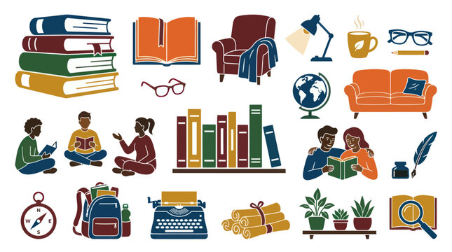 Flat Design Icons of Reading and Learning Objects, Education and Knowledge Theme