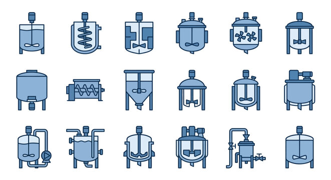 Chemical reactor and industrial vat machinery icon set.