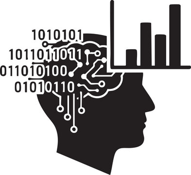 Human head profile with brain binary code and bar chart icon, analysis