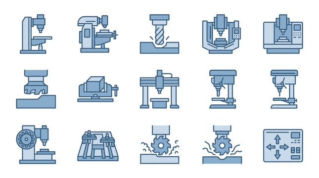 CNC milling and metal lathe industrial machine icons.