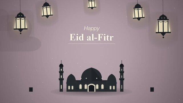 Eid al-Fitr Day text animation with mosque silhouette and hanging lanterns