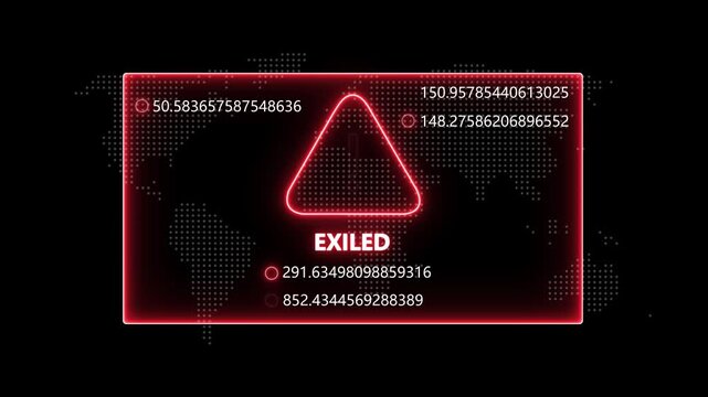 Cybersecurity alert interface featuring a glowing red warning triangle symbol and digital data streams with the word exiled displayed on a dark background, for high-tech system, failure notifications
