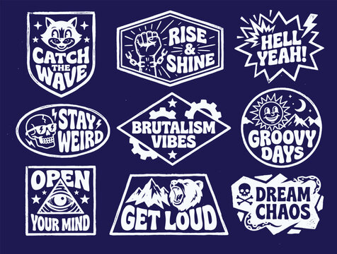 Set of nine retro vintage style motivational and fun catchphrase badges