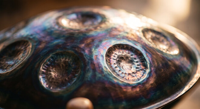 A high-definition, macro photograph of a professional tenor steelpan, focusing on the meticulously hammered circular tone fields 