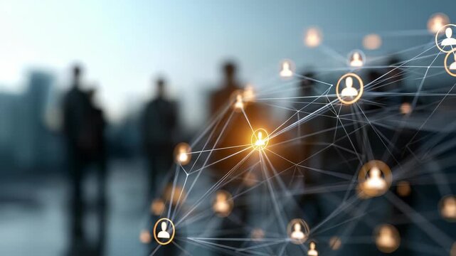 Futuristic network visualization with interconnected user icons represents data sharing, connectivity, and social networking. Blurred business figures emphasize teamwork and digital transformation