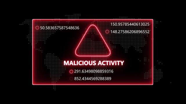 Cyber security alert warning interface featuring malicious activity notification with glowing red digital data streams and global network map background, information, technology protection