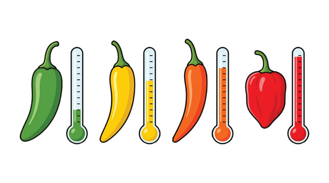Chili pepper heat level scale with thermometers, spicy food indicator icons in flat vector style, colorful pepper strength chart for menu design
