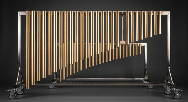 A professional product studio shot of a full-size set of chimes hanging in a heavy-duty chrome frame, presented against a seamless, dark grey background
