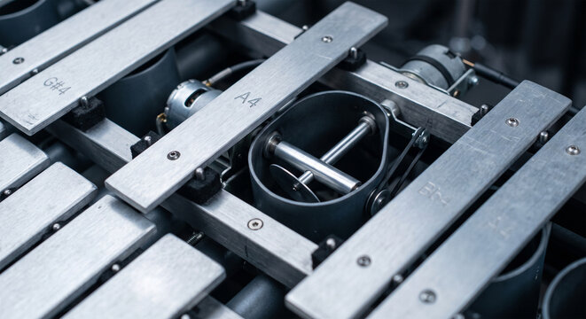 A macro, high-definition photograph of a professional vibraphone, focusing on the brushed aluminum bars and the intricate mechanics of the motor-driven fan shafts visible