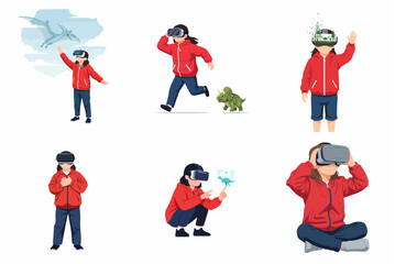 Flat Vector Illustration Set of a Young Girl in a Red Jacket Exploring a Virtual Reality World with Dinosaurs and VR Headset © nada