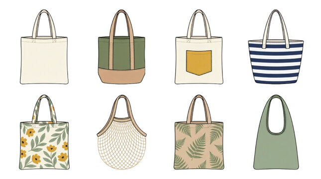Reusable tote bag collection, 8 eco-friendly shopping bag vector illustrations, canvas grocery bags with floral and striped patterns for retail mockups