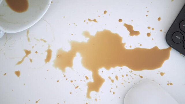 Coffee spill on desk with keyboard and mouse near it