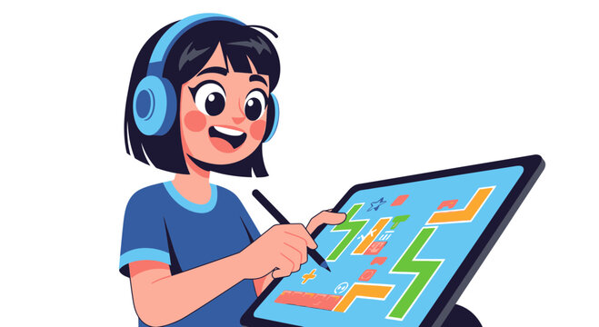 Happy Girl Drawing on Digital Tablet with Stylus Pen