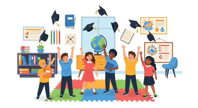 Diverse group of happy children celebrating graduation in a classroom setting.