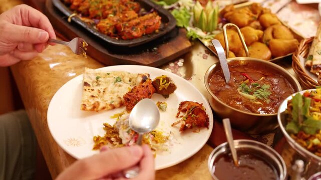 Close Up of Person Eating Traditional Indian Cuisine in Restaurant