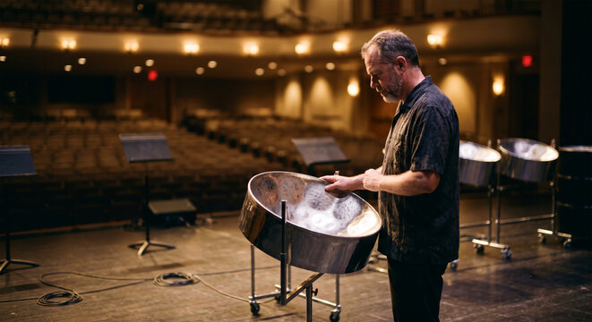 A candid, contemplative photograph of a professional steelpan player standing alone on an empty stage after a performance, gently resting their han