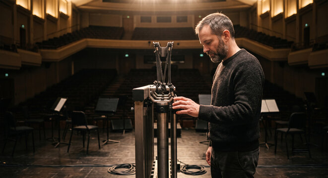 A candid, contemplative photograph of a professional percussionist standing on a silent, darkened stage after a performance
