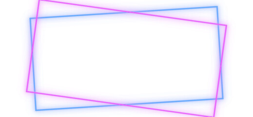 Vibrant dual color neon light. blue pink skewed rectangle frames, double intersecting glowing border. for retro cyber gamer overlay layout, party disco flyer. isolated transparent render png. © PNG KING