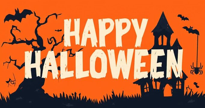Happy Halloween animated text in a cartoon style background with bats, tree, house and spider