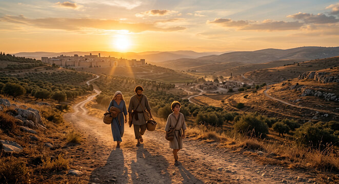 Bible, A wide-angle landscape photograph of the family walking away from Jerusalem, heading back toward the northern hills of Galilee.