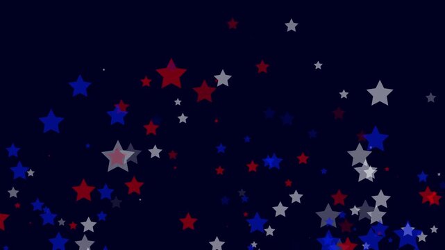 A dynamic animation of red, white, and blue stars drifting across a dark background, creating a festive and energetic visual effect. Suitable for holiday, celebration, or patriotic themes.