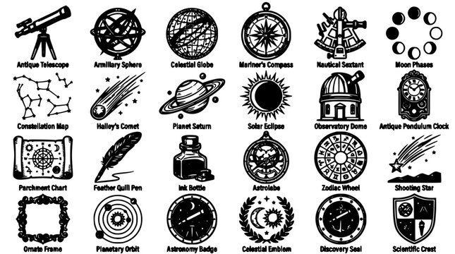 Astronomy Icon Set Featuring Vintage Telescope, Celestial Orbits, Constellation Charts, Compass, and Zodiac Wheel Symbols for Educ
