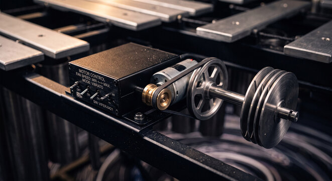 An extreme close-up view of the vibraphone&rsquo;s motor control box and the belt-drive mechanism for the rotating fan disks, highlighting the industrial craftsmanship