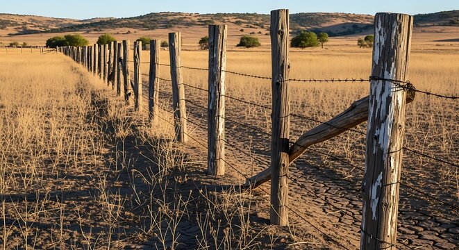 Rustic Wooden Fence in Golden Field Landscape.