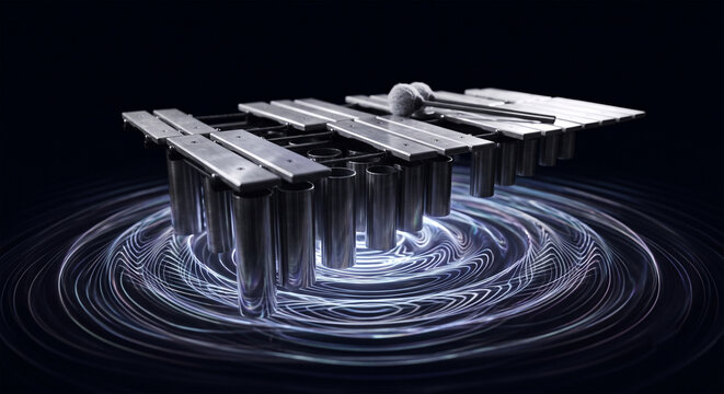 A conceptual, surreal image of a vibraphone floating in a dark, infinite, minimalist space, with ethereal, pulsing waves of light radiating from the resonators to represent the instrument's signature 