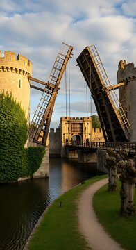 Historic Castle and Drawbridge in Open Position Under Cloudy Sky.