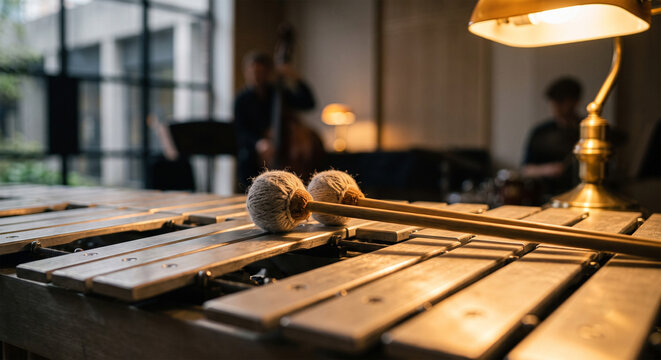 A close-up, artistic composition featuring a set of soft, yarn-wrapped mallets resting on the accidentals of a vibraphone, bathed in the cozy, golden glow of a desk lamp, 