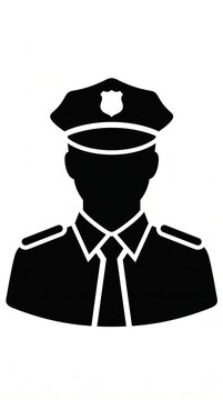 Minimalist black silhouette bust portrait icon of a police officer isolated on white background for UI, apps, infographics and commercial design.