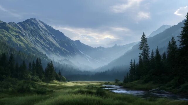 Serene panoramic view of misty mountains, vibrant meadows, and a gentle river flowing through a pristine forest. Perfect for themes of wilderness, travel, and natural beauty