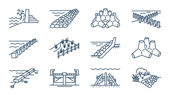 Coastal engineering and sea defense line icons.