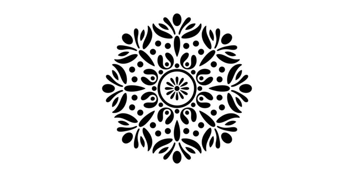 Black and white round floral mandala ornament with intricate symmetrical leaf and petal patterns for graphic design Vector, illustration