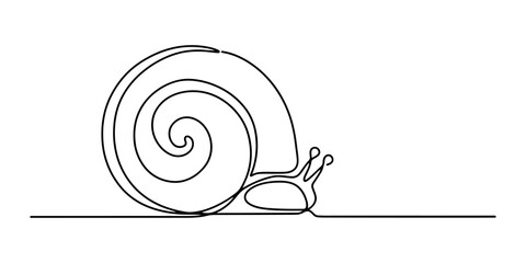 Minimalist continuous single line drawing of a small garden snail with a spiral shell moving slowly in a simple style Vector, illustration © Rimi Kailash Arts