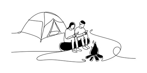 Continuous line drawing of a young couple sitting by a campfire at night while using their mobile phones near a tent Vector, illustration © Rimi Kailash Arts